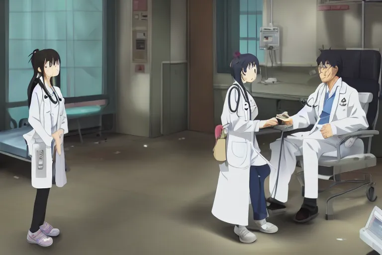 Image similar to a cute young female doctor wearing white coat are talking with an old surgeon in a hospital, slice of life anime, lighting, anime scenery by Makoto shinkai