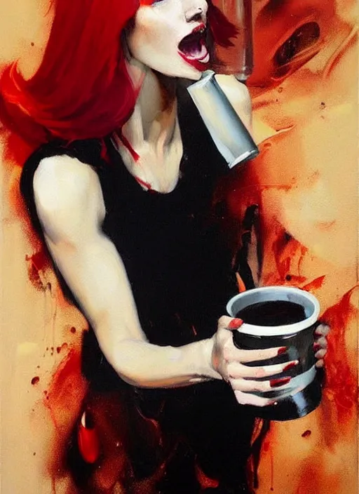 Prompt: red haired woman holding coffee, septum piercing, spilling liquid, enraged, painting by phil hale, 'action lines'!!!, graphic style, visible brushstrokes, motion blur, blurry