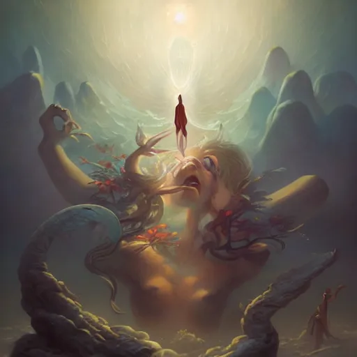 Image similar to reaching enlightenment by peter mohrbacher and emmanuel shiu and martin johnson heade and bastien lecouffe - deharme