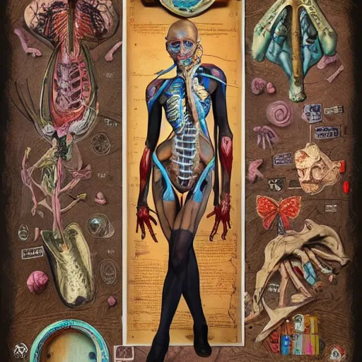 Prompt: cosplay girl, highly detailed labeled medical anatomy poster, anatomical drawing on poster paper with notes, extra beautiful colorful full page antique lithograph of artnouveau borders and designs, muted colors, parchment paper, art print, well - lit, ray tracing, horror, eldritch abomination, hyper realistic, 8 k post - processing