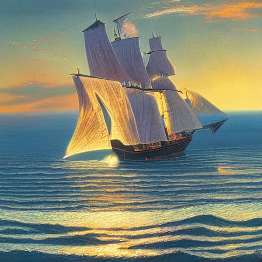 Prompt: A pirate on the high seas that has magical pearlescent shimmering see through sails, painting by David A Hardy