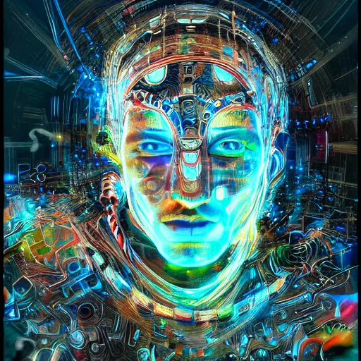 Image similar to mythological self made Shaman of artificial intelligence creating himself with an artificial neural network with synapses, high resolution, award winning art, trending on art station, sharp image, incredibly detailed, detailed character realistic painting