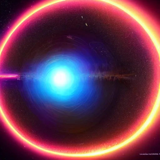 Image similar to glowing glorious 3D black hole in movie, intergalactic, space theme, galaxy colored, hyperdetailed, digital painting, trending on Artstation, cel-shading style, CG society, hyperdetailed, digital painting, hypermaximalist, golden ratio, volumetric, octane render, weta digital, micro details, 3d sculpture