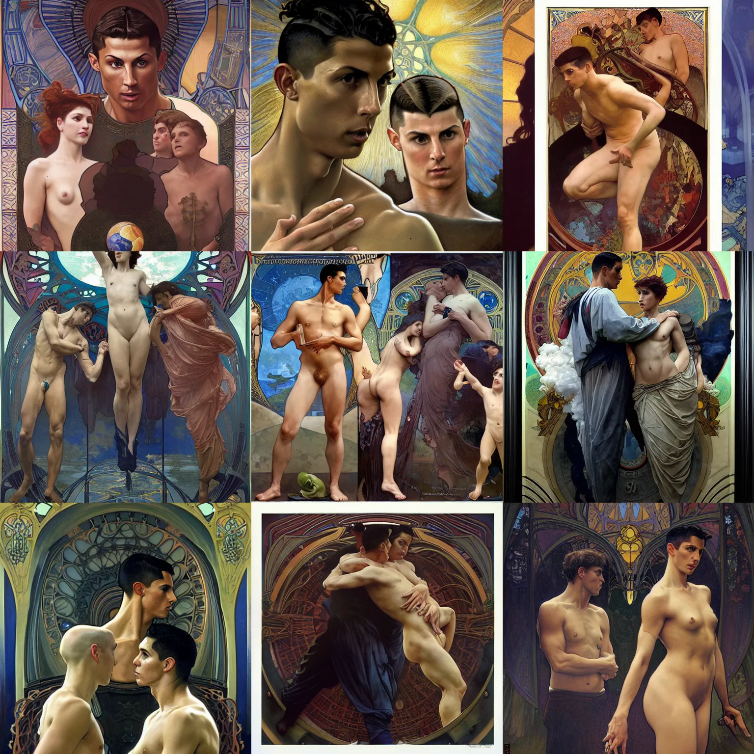 Prompt: stunning, breathtaking, awe-inspiring award-winning conceptual Art Nouveau painting with Cristiano Ronaldo and Messi with disturbing, piercing eyes, Alphonse Mucha, Michael Whelan, William Adolphe Bouguereau, John Williams Waterhouse and Donato Giancola, cyberpunk, extremely gloomy lighting, shining light and shadow, atmospheric, cinematic, Unreal Engine, 8K