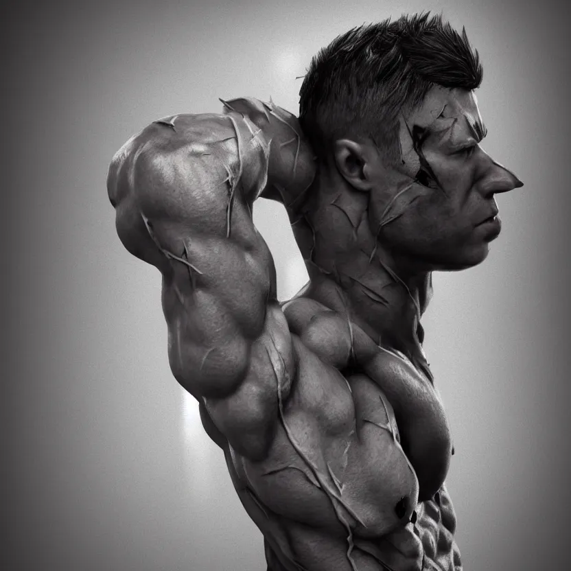 Image similar to a single muscular man wearing torn clothes, looking to the right, profile picture, hyperrealistic, concept art, octane render, unreal engine 5, trending on artstation, high quality, highly detailed, 8 k, dramatic lighting, cinematic, high coherence, anatomically correct, five fingers, digital art, seductive, black and white