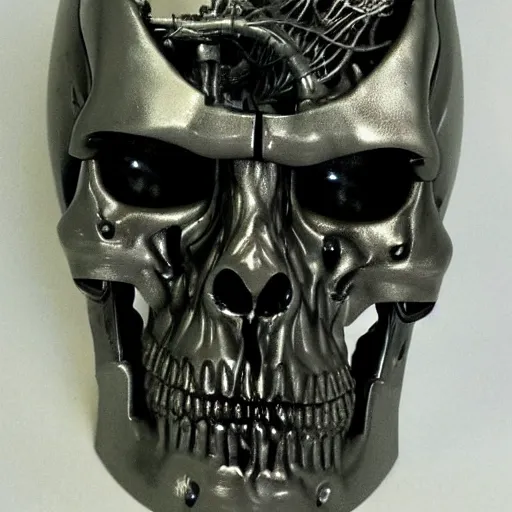 Image similar to very detailed and sophisticated terminator head with an open skull and a forest growing inside