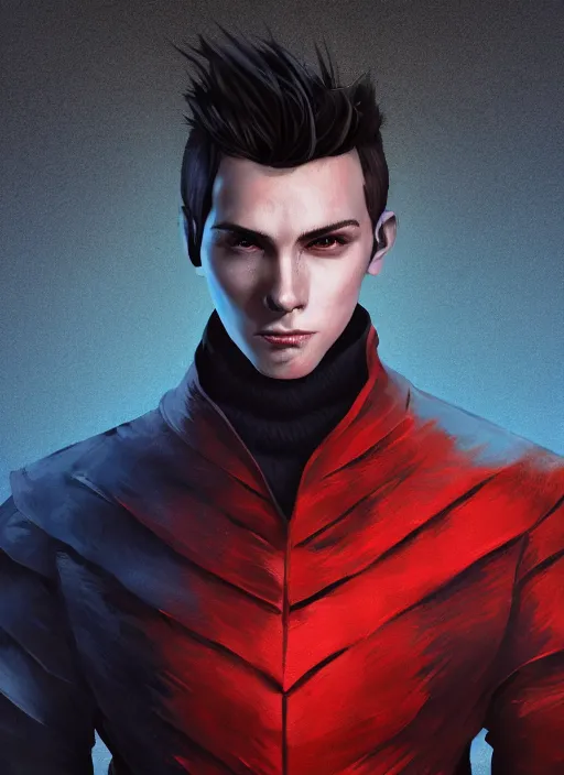 Image similar to An epic fantasy comic book style portrait painting of a young man with black cowlick haircut, wearing black overcoat, red clothes, blue jeans. Unreal 5, DAZ, hyperrealistic, octane render, cosplay, RPG portrait, dynamic lighting