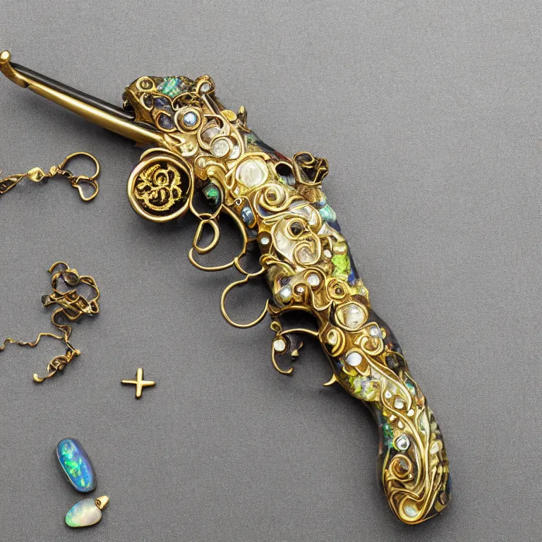 Prompt: jewelry gun made of prismatic opal and gold, design in rococo style, dark background, studio shot