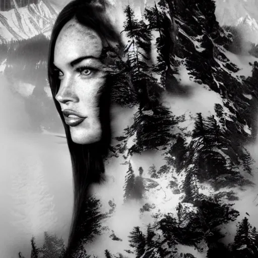 Image similar to double - exposure effect of megan fox face blended in beautiful mountains, in the style of dan mountford, amazing detail, black and white