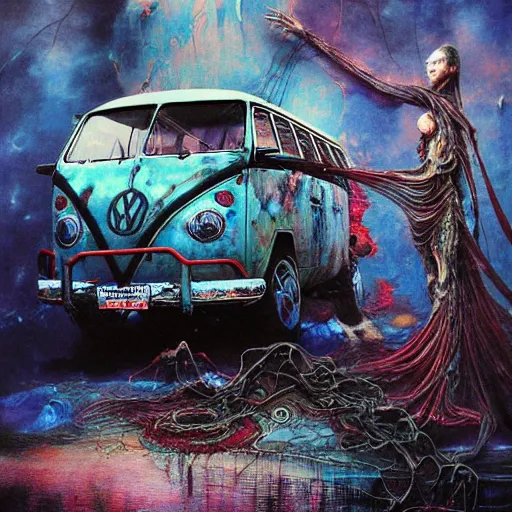 Prompt: realistic detailed image of Beaten up old VW surf Bus by Ayami Kojima, Amano, Karol Bak, Greg Hildebrandt, and Mark Brooks, Neo-Gothic, gothic, rich deep colors. Beksinski painting, part by Adrian Ghenie and Gerhard Richter. art by Takato Yamamoto. masterpiece