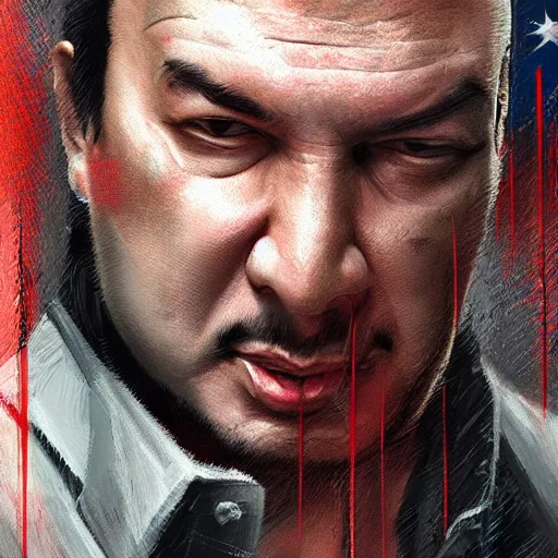 Image similar to steven seagal with bandages and broken arm and face wounds, digital painting, artstation, concept art, smooth, sharp focus, artwork by liam wong, patriotic, detailed