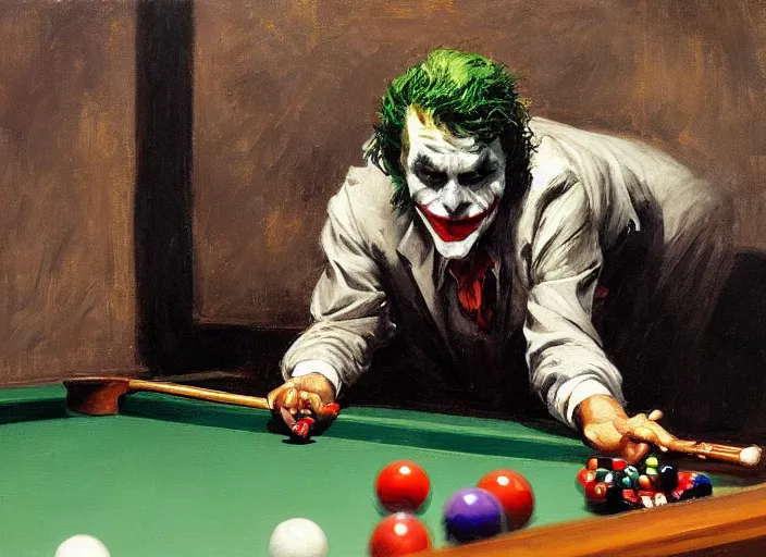 Image similar to a highly detailed beautiful portrait of the joker playing pool, by gregory manchess, james gurney, james jean