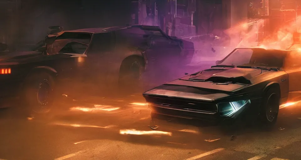 Image similar to movie still cyberdyne cars from terminator, dark cinematic lighting, smoke, atmospheric, purple lasers, low angle photography, beautiful, cyberpunk, artstation,