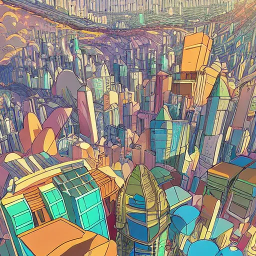 Prompt: futuristic city on a mountainside, colorful city, megacity, clouds on mountain, buildings on mountainside, cel - shading, cel - shaded, 2 0 0 1 anime, bright sunshine