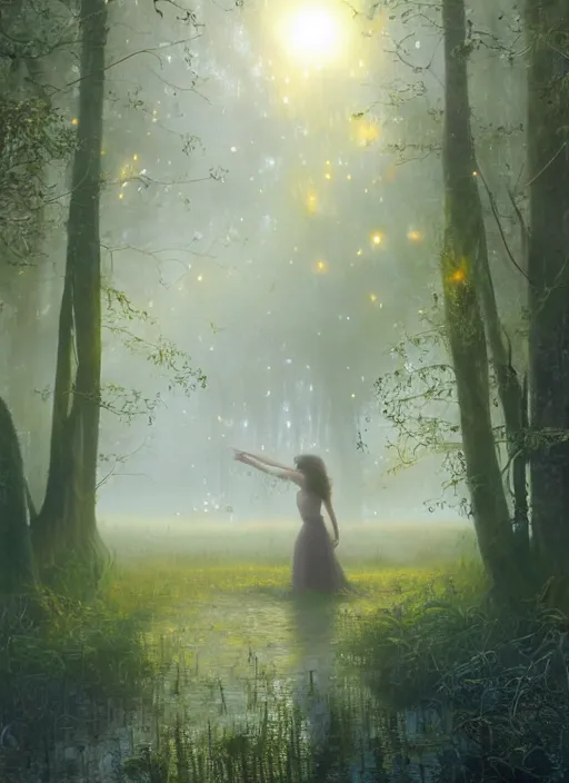 Prompt: misty swamp, hazy fog, sundown golden hour, girls early morning dance, smile, fireflies and sparkling wisps, sun rays through trees, Lilia Alvarado, Sophie Anderson, Mark Arian, Bob Byerley, Charlie Bowater, Mark Brooks, Steve Henderson, Justin Gerard, Arthur Hughes, Edward Robert Hughes, Mark Keathley, Victor Nizovtsev, Carlos Shwabe, Ross Tran, WLOP