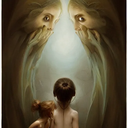 Prompt: a little girl looking at her adult reflection in the mirror, in the style of peter mohrbacher by weta digital and beth cavener, high face symmetry, intricate, masterpiece, award winning, high face symmetry, intricate