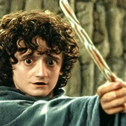 Image similar to frodo baggins buying a magic wand in harry potter movie