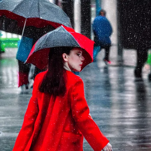 Image similar to girl with red coat walking in rainy street, colour splash, photo