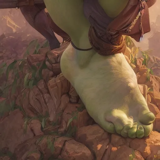 Prompt: shrek has giant feet, highly detailed, digital painting, artstation, concept art, smooth, sharp focus, illustration, art by artgerm and greg rutkowski and alphonse mucha