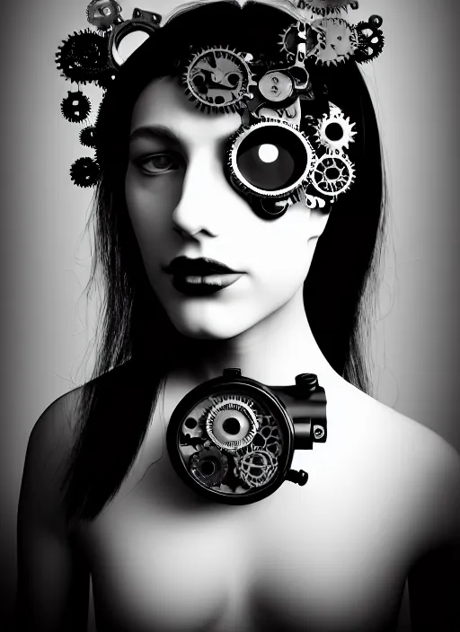 Image similar to black and white dreamy foggy profile face portrait, one steampunk eye biomechanical beautiful young female cyborg - robot, body ribs meshes, big monocular, volumetric light, hibiscus flowers, by hg giger, rim light, by dora maar and cecile beaton, big gothic fashion pearl embroidered collar, 8 k