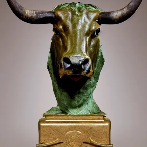 Prompt: professional color photograph of a patinated bronze portrait bust of a furious Texas longhorn steer supported by a bronze plinth, by Auguste Rodin, Jean-Leon Gerome