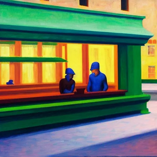 Image similar to “ nighthawks by edward hopper, but with aliens in the cafe.