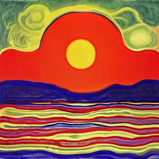 Prompt: sun shining through clouds, Edvard Munch, David Hockney, Takashi Murakami, Minimalist,