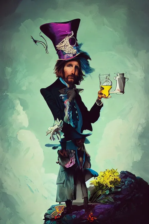 Image similar to tom petty as the mad hatter, contrast, kim jung gi, greg rutkowski, zabrocki, karlkka, jayison devadas, trending on artstation, 8 k, ultra wide angle, zenith view, pincushion lens effect