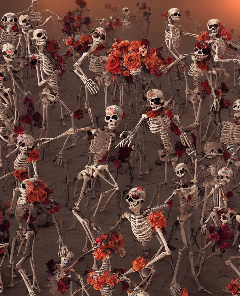 Prompt: dia de muertos detailed skeletons dancing in Mexico, highly detailed, cinematic, dramatic, unreal engine, iray, render, zbrush, pixar, realistic, Octane, realistic