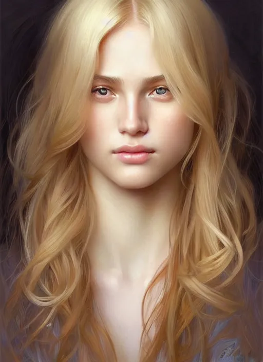 Prompt: beautiful face! portrait of young woman blessed with ever - increasing physical and mental perfection, realism, blonde hair, perfect face!! intricate, elegant, highly detailed, vision of holy perfection!! digital painting, artstation, concept art, smooth, sharp focus, illustration, humanity, art by artgerm and greg rutkowski and alphonse mucha