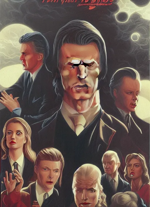 Prompt: twin peaks poster art, portrait of david bowie split half in darkness, by michael whelan, rossetti bouguereau, artgerm, retro, nostalgic, old fashioned