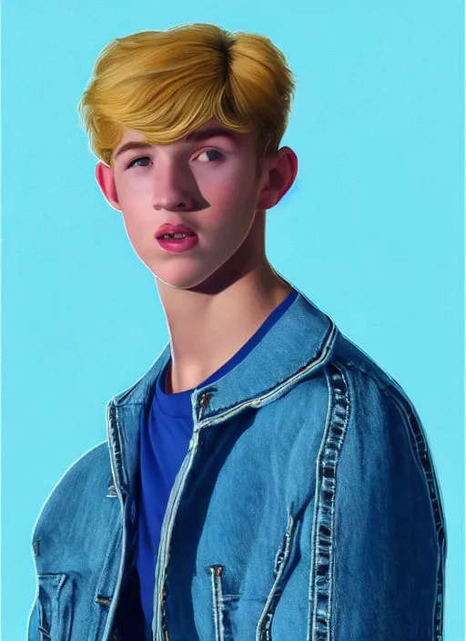 Image similar to portrait of a high school senior boy named moose mason, blonde short hair, jock, beefy, square jaw, square facial structure, 1 9 5 0 s, blue varsity jacket, intricate, elegant, glowing lights, highly detailed, digital painting, artstation, concept art, smooth, sharp focus, illustration, art by wlop, mars ravelo and greg rutkowski