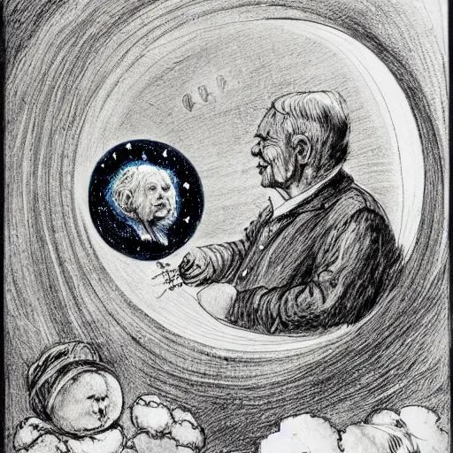 Image similar to celestial talking moon candid portrait, surrounded by clouds, illustrated by peggy fortnum and beatrix potter and sir john tenniel