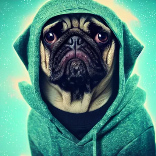 Prompt: a sad pug wearing a hoodie, the word'sad'is written on the hoodie in upper case letter, synthwave style, trending on artstation, matte painting