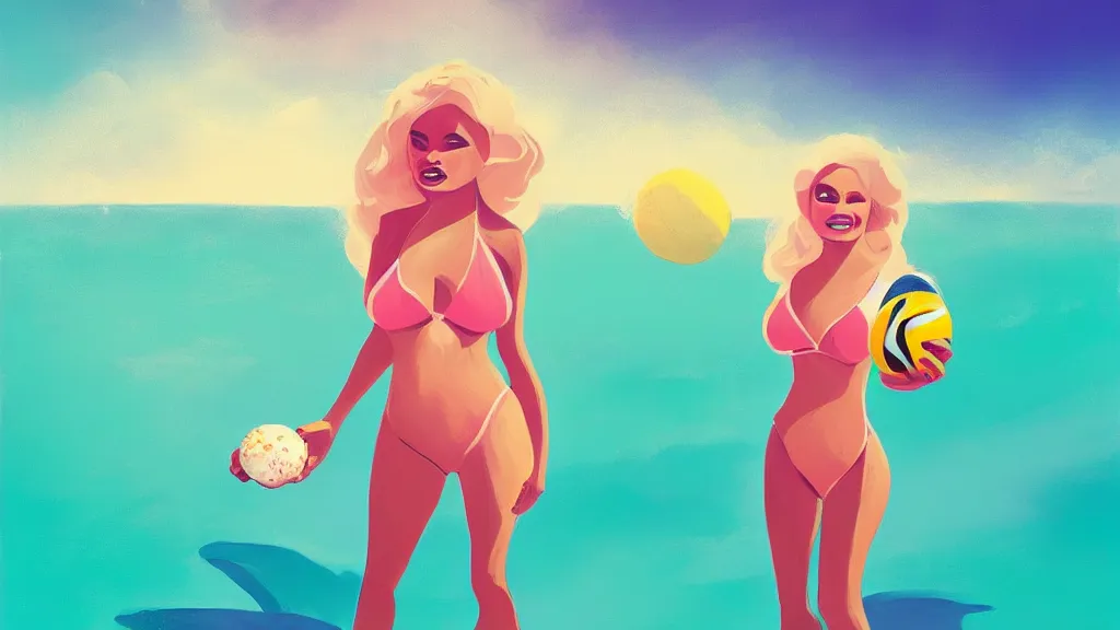 Image similar to portrait of trisha paytas, elegant, intricant, beach, volleyball, and icecream, by anton fadeev