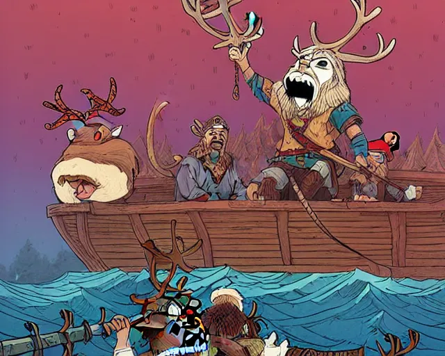 Image similar to cell shaded cartoon of a hairy chebo viking boarding a ship, a reindeer stands in the distance, subtle colors, post grunge, concept art by josan gonzales and wlop, by james jean, victo ngai, david rubin, mike mignola, deviantart, art by artgem