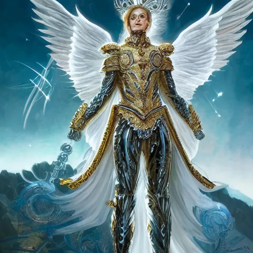 Image similar to a beautiful male angel wearing a white chrome armor with golden ornaments and diamonds jewelry by alex gray and android jones, karol bak, ayami kojima, amano, concept art, character design, fantasy, 3 d, 8 k resolution