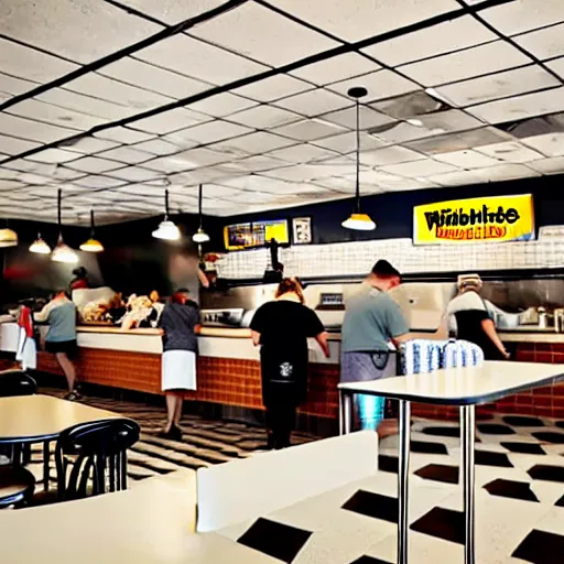 Image similar to busy wafflehouse interior with customers eating breakfast and wafflehouse employees serving food and cooking behind countertop