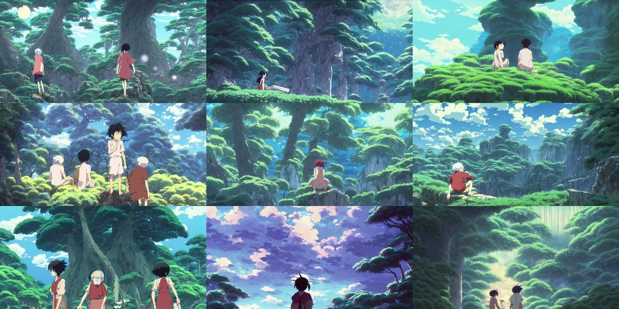 Image similar to a storybook illustration by Studio Ghibli, magical realism, an anime grandpa on an action adventure the otherworldly spirit world, painting by kazuo oga in the anime film, screenshot from the anime film Princess Mononoke by Makoto Shinkai