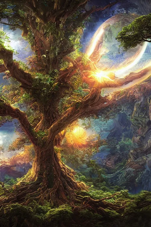 Image similar to tree of life, four seasons, volymetric light, highly detailed matte painting by noriyoshi ohrai, charlie bowater and mark brooks