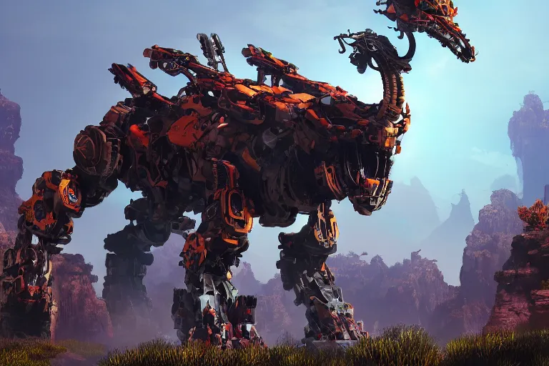 Image similar to behemoth machine mecha animal beast robot of horizon forbidden west horizon zero dawn bioluminiscence global illumination ray tracing hdr fanart arstation by sung choi and eric pfeiffer and gabriel garza and casper konefal