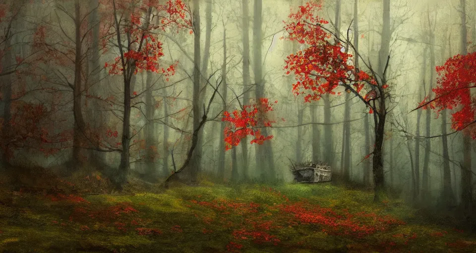 Image similar to an old broken ship in an autumn forest, green and red tones, by Aron Wiesenfeld and beksincki, cinematic, detailed illustration, nature, fog, dark colors, suspense, intricate, 8k