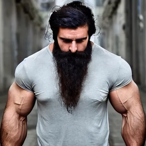 Image similar to extremely muscular man with a beautiful square chin, thick white bushy beard!, jet black long flowing hair!!!, wearing a tunic that exposes one side of the chest, cinematic, volumetric lighting, f 7 aperture - w 5 1 2