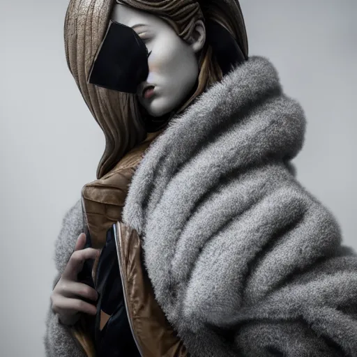 Image similar to well lit fashion shoot portrait of extremely beautiful female marble statue wearing huge over size puffer jacket by dingyun zhang, yeezy, balenciaga, vetements, a cold wall, sharp focus, clear, detailed,, cinematic, detailed, off white, glamourous, symmetrical, vogue, editorial, fashion, magazine shoot, glossy