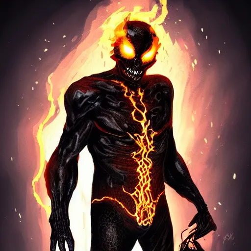 Image similar to ghost rider symbiote, comic strip style, dynamic lighting, fantasy concept art, trending on art station, stunning visuals, creative, cinematic, portrait, ultra detailed