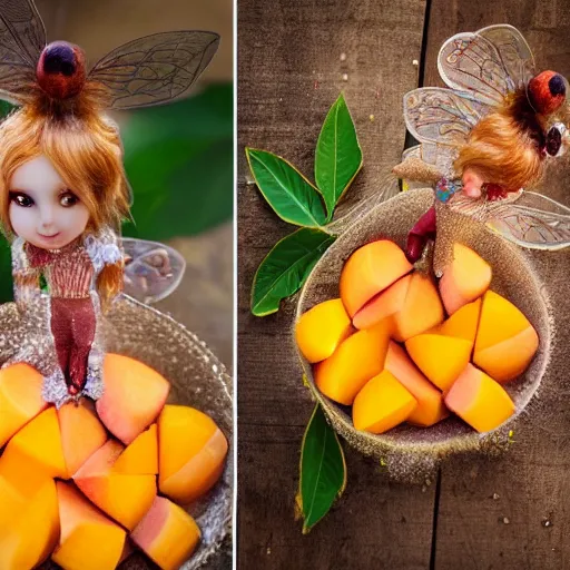 Image similar to beautiful photo of a fairy made of peaches, mangoes and sprinkles, dslr