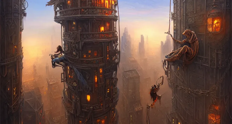 Image similar to landscape painting of fantasy metal steampunk city with walkways and lit windows and a hooded thief in browns leathers climbing one of the tall buildings using a rope, fine details, magali villeneuve, artgerm, rutkowski