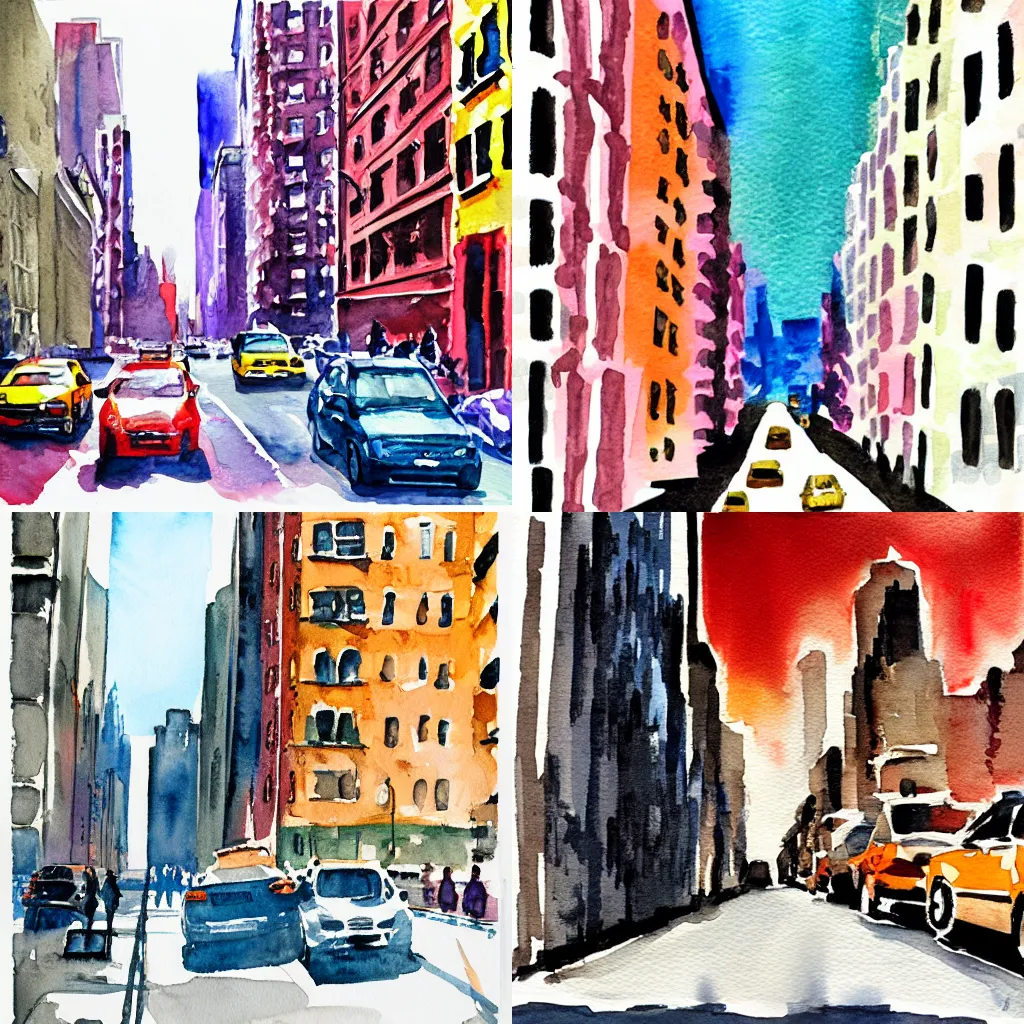 Prompt: new york city streets abstract flat watercolor painting