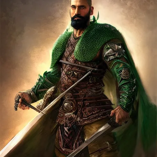 Image similar to A portrait of a fighter with short dark hair and a beard, dual wielding two magical swords, wearing green dragon armor and a cloak made of cheetah, fantasy, digital art by Ruan Jia, Donglu Yu