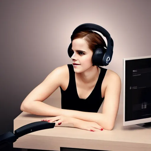 Image similar to emma watson wearing a gaming headset photo sitting on gaming chair dramatic lighting